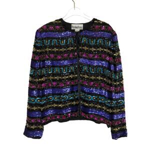 1980s Vintage Nina Piccalino Multicolor Colorful Beaded Sequin Blazer Jacket 14P